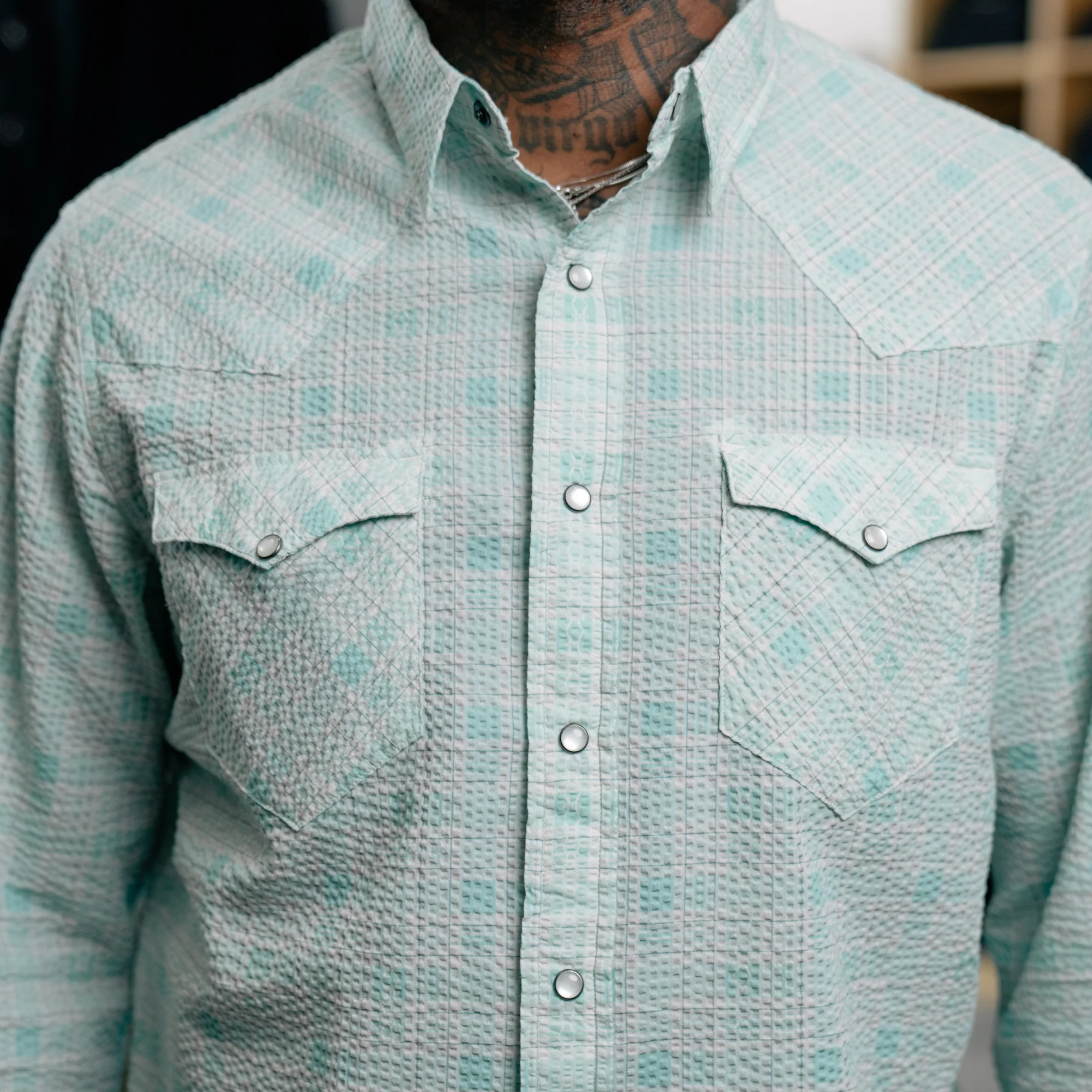 RRL Slim Fit Seersucker Western Shirt Turquoise Multi - Image 5
